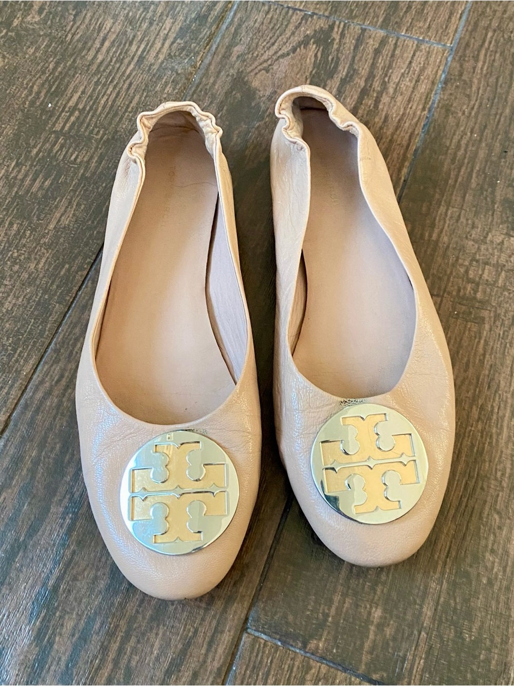 Tory Burch Nude Leather Logo Ballet Flats with Gold Medallions